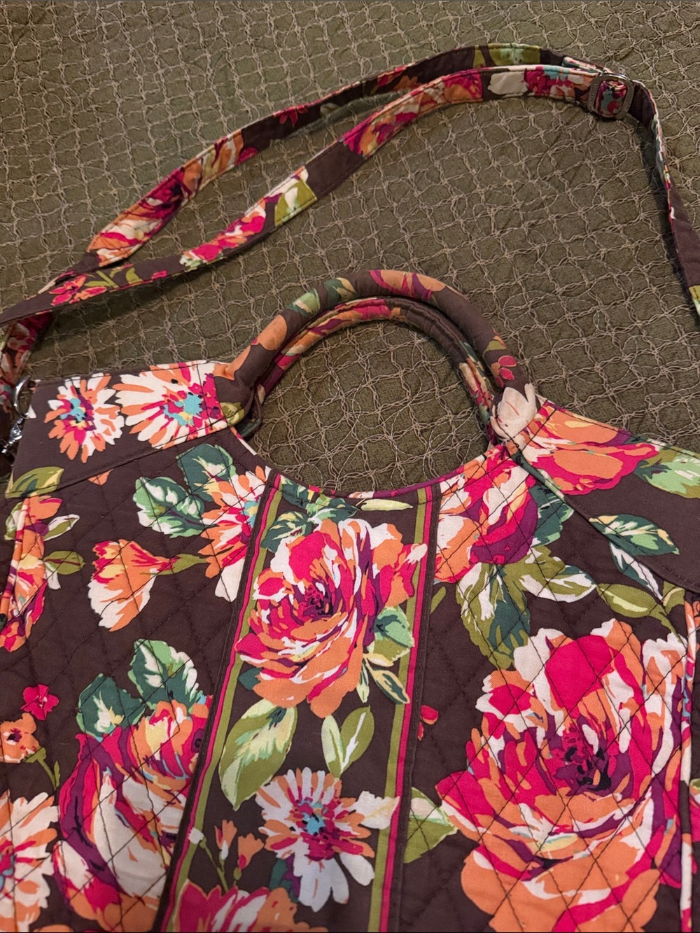 Vera Bradley Quilted Floral Tote in Pink, Green & Brown - Picture 2 of 9